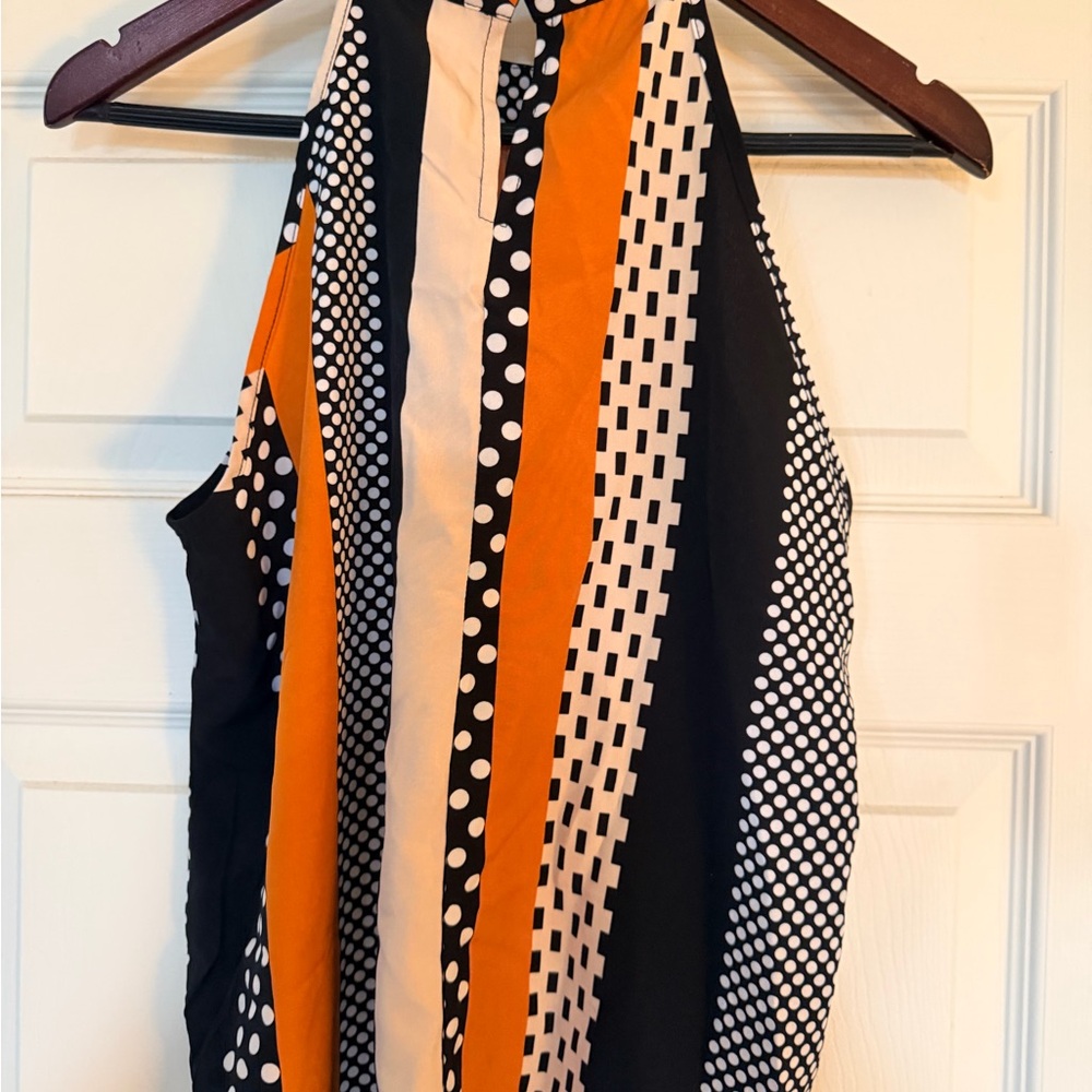 Halter Stripe & Polka Dot Sleeveless Top in Orange, Black & Cream